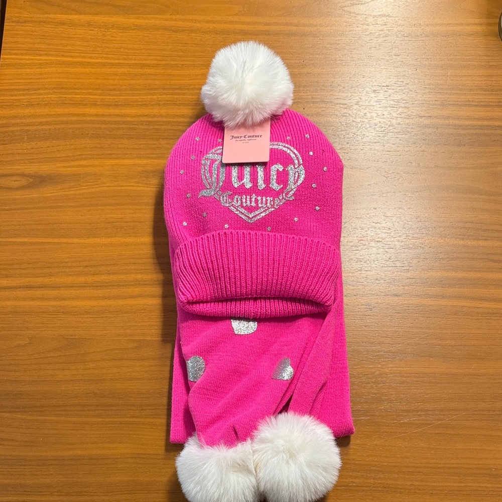 Juicy Couture Pink and Silver Kids Hat and Scarf Set